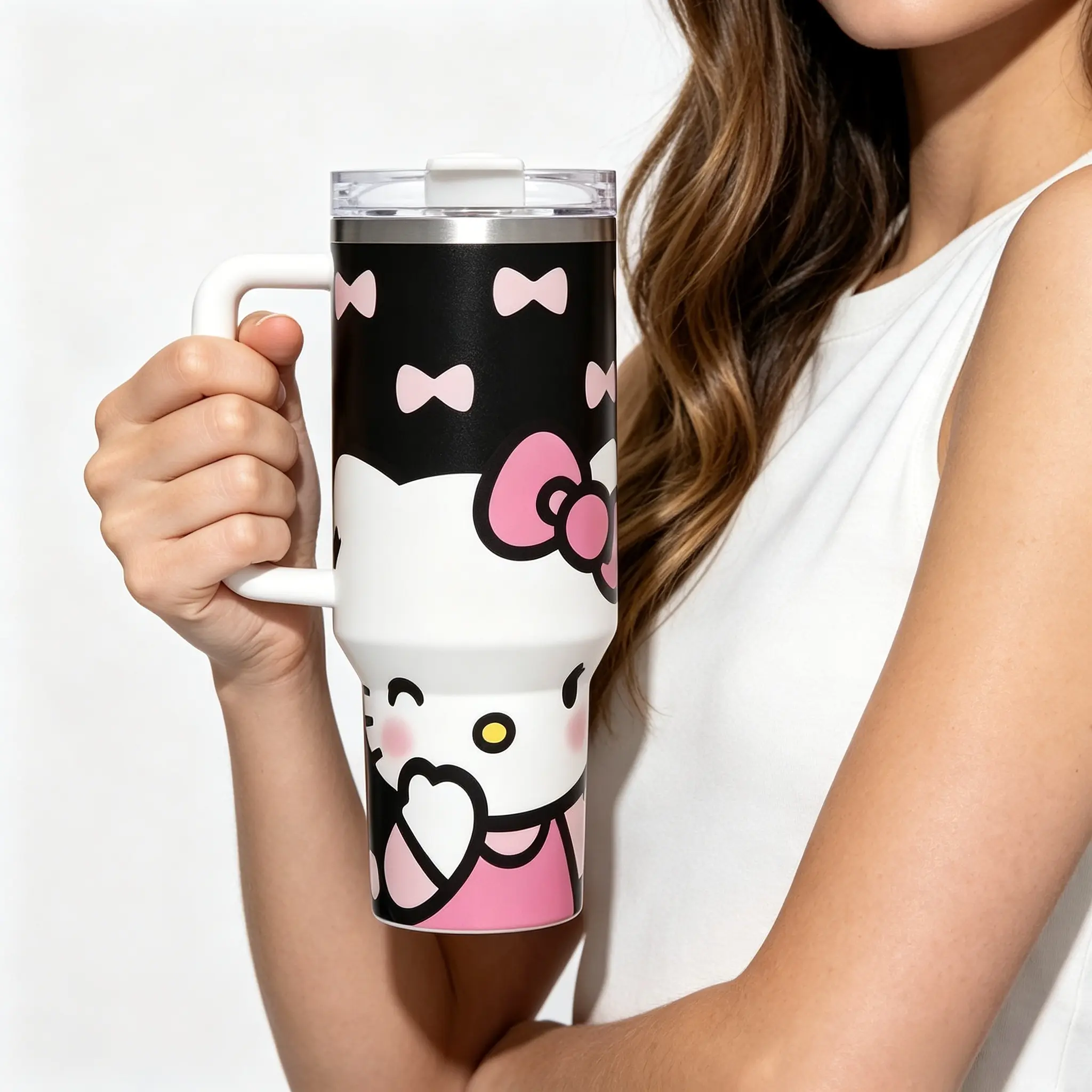 Sanrio Hello Kitty 40oz Black Insulated Cold Drink Car Mug Portable Reusable Travel Tumbler Kawaii Drink Cup for Girls & Women