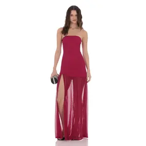 Mesh Strapless Maxi Dress in Magenta