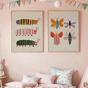 2pcs/set Frameless Children's room decoration Color Bug Wall Art, Cute Animal Art Posters, Bug Collection, Nature Illustrations, Game Room Art Decoration, Modern Home Decor