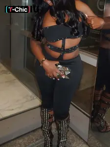 DOUCIU Basic Solid Color Simple Casual Tight Sexy Hot Hip Hop Trendy Cool Nightclub Party Pant Women's Thin Rivet Hanging Neck Halter Neck Bareback jumpsuit