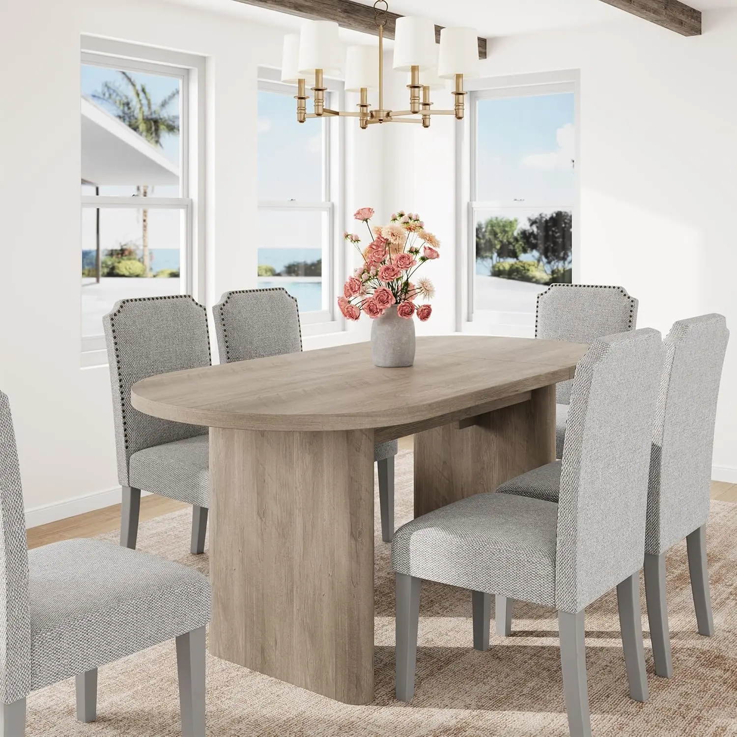Oval Dining Table for 6-8 People, Long Large Kitchen Table with Thick Sturdy Wooden Base, Farmhouse Dining Room Table for for Kitchen, Living Room, Office 63" Long