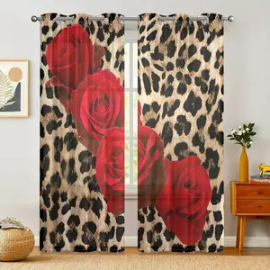 Rose Leopard Print Curtains, Half Light Blocking, Home Decor, 2 Piece Set, Modern Art Rod Pocket Design