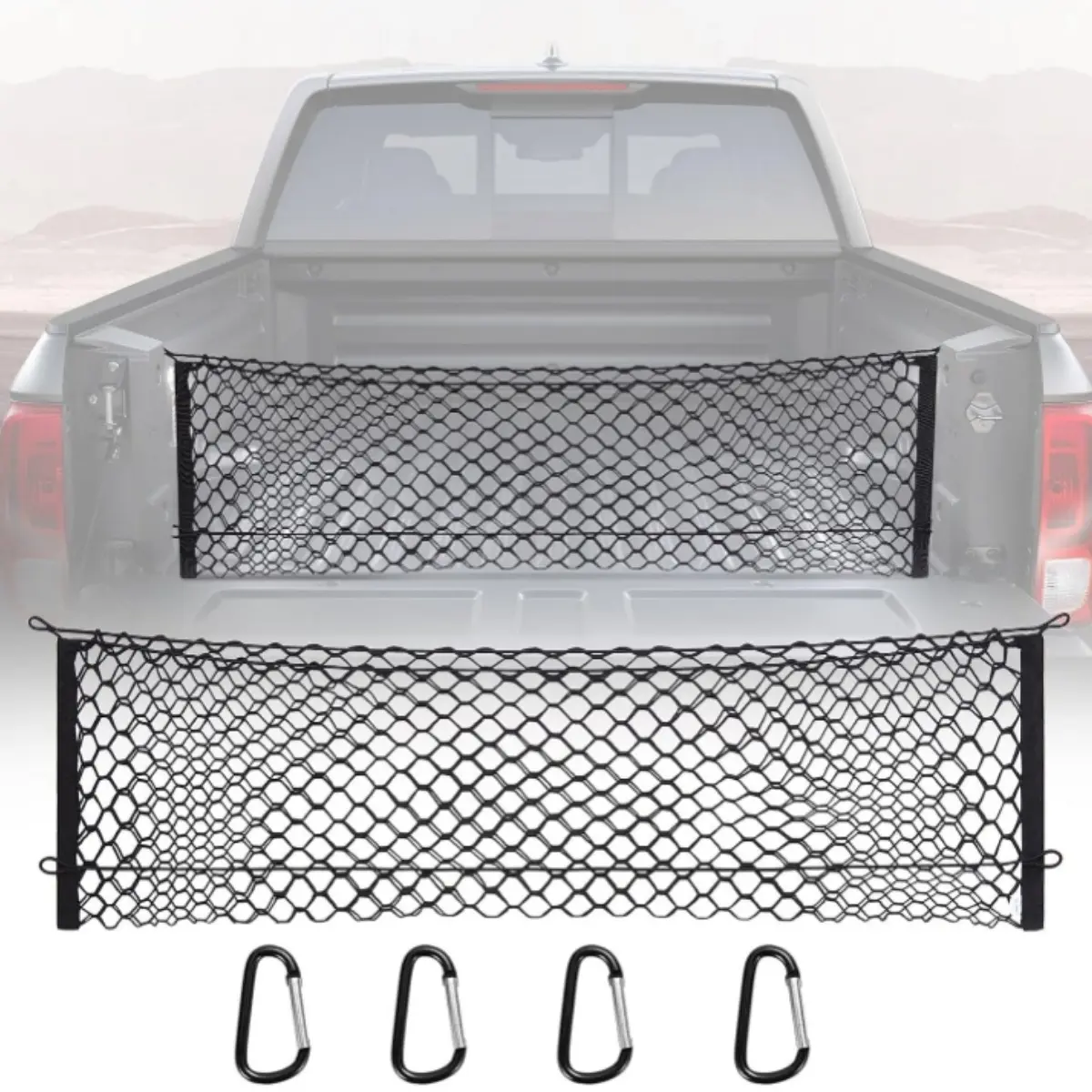 Truck Bed Cargo Net with with 4 Self-Locking Metal Carabiners, 49x15.2 Inch Elastic Mesh Net Organizer, Wear and Tear Resistant