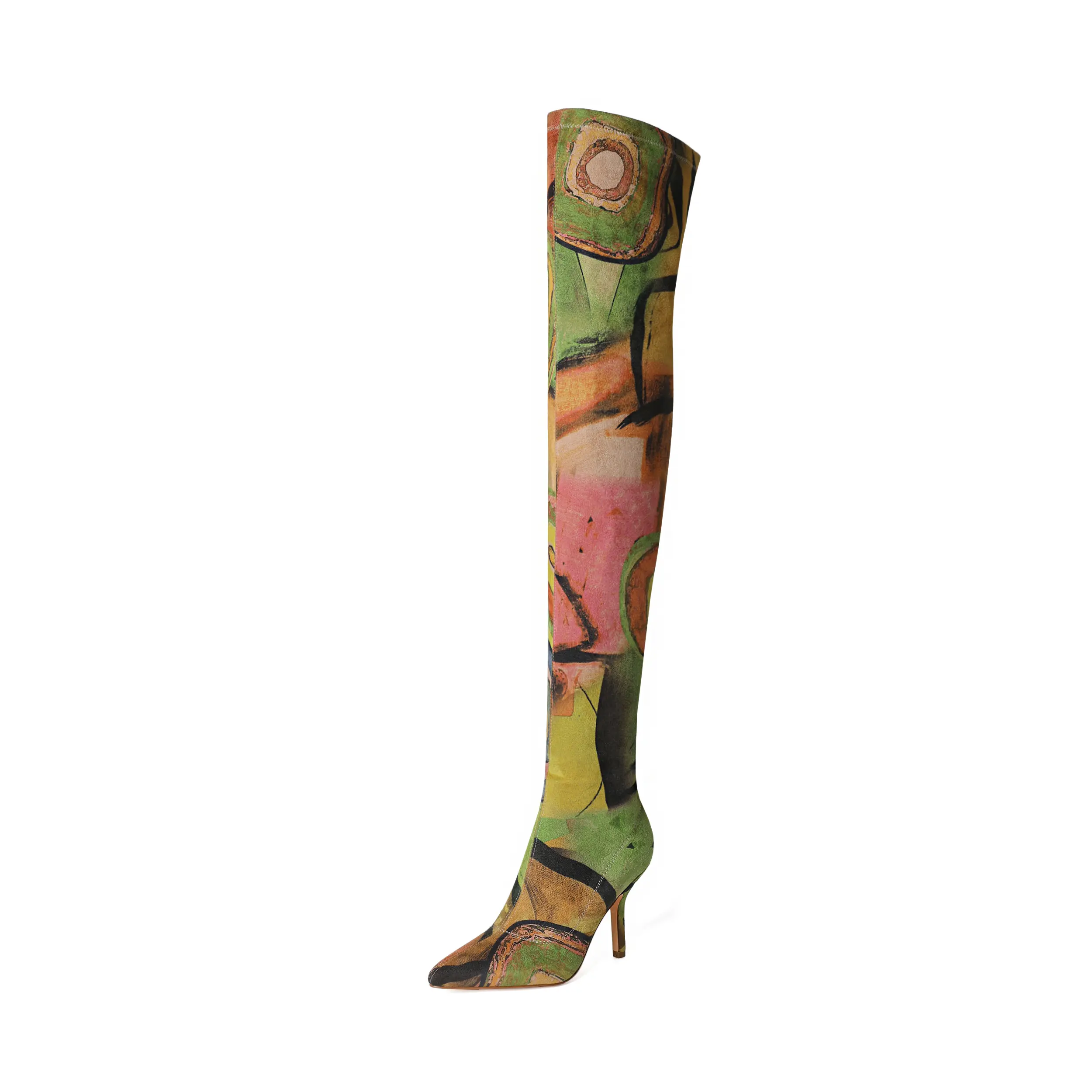 vivianly Women's Stretchy Abstract Print Over-the-Knee Boots, Pointed-Toe Stiletto Heels for Statement Wear