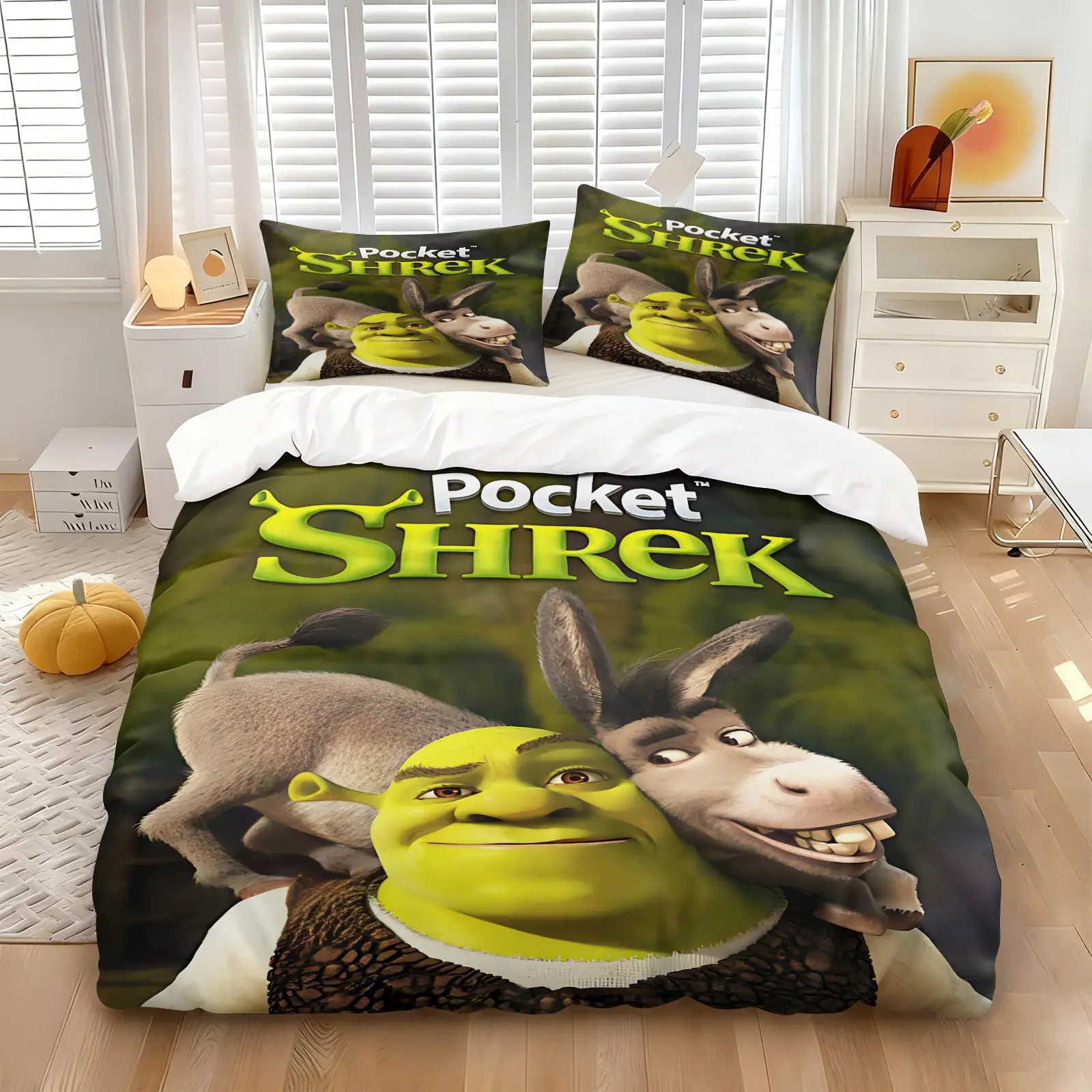 Shrek Printed Duvet Cover Set Comprising 1 Duvet Cover and 1/2 Pillowcase without Filler an Ideal Gift for Shrek Enthusiasts Exuding a Trendy Cartoonish Vibe Soft & Stylish Bedding Set Adds Soft & Stylish Bedroom Bedding