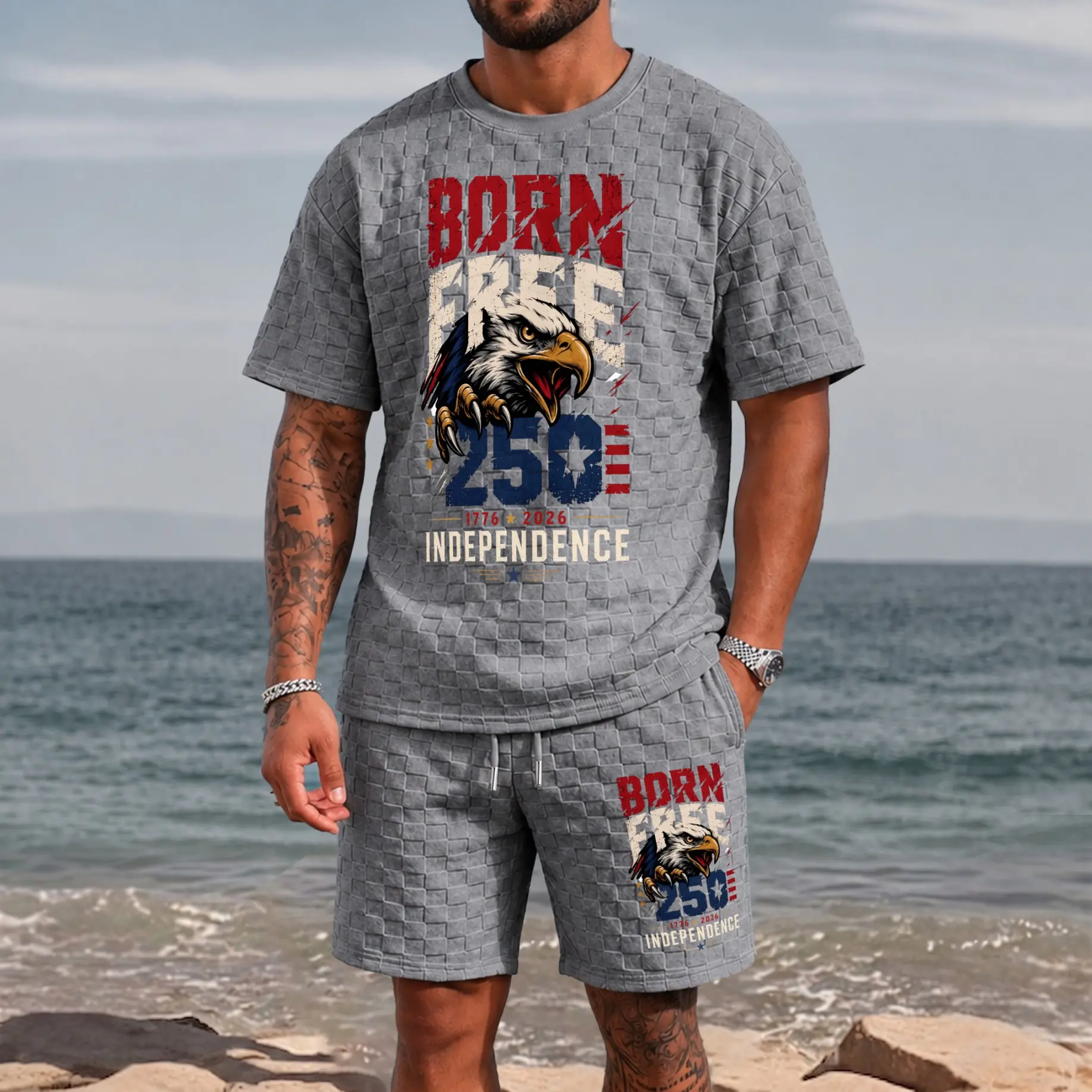 Men’s Born Free Eagle Graphic Textured T-Shirt & Drawstring Shorts Set, 1776-2026 Independence Print Two Piece Outfit For Casual Daily Wear And Sports