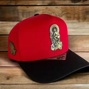 San Juditas Gorras Red Snapback Hat with Gold Jesus Patch and Praying Hands Design