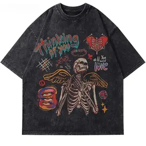 Vintage Washed Cotton T-Shirt Funny Graffiti Skull Skeleton Heart Graphic Print Punk Tee Streetwear Hip Hop Tops Distressed Festive