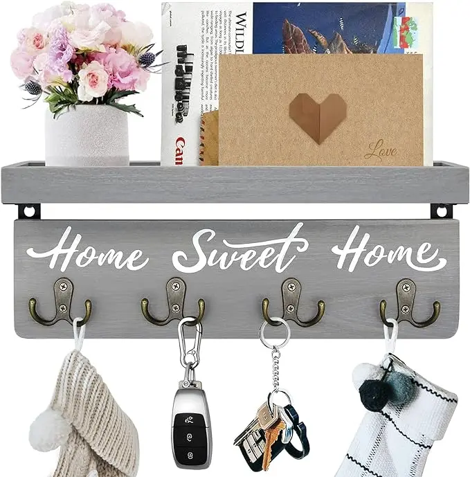 Wooden Wall-Mounted Key and Mail Holder - Rustic Home Decor for Entryway with 4 Double Key Hooks (Gray) Decoration Shelf