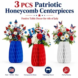 Patriotic 3Pcs Honeycomb Table Centerpieces for 4th of July – Red White Blue Flowers & USA Signs, Perfect Independence Day Party, Home Decor, BBQ, Parade & Fireworks Celebration