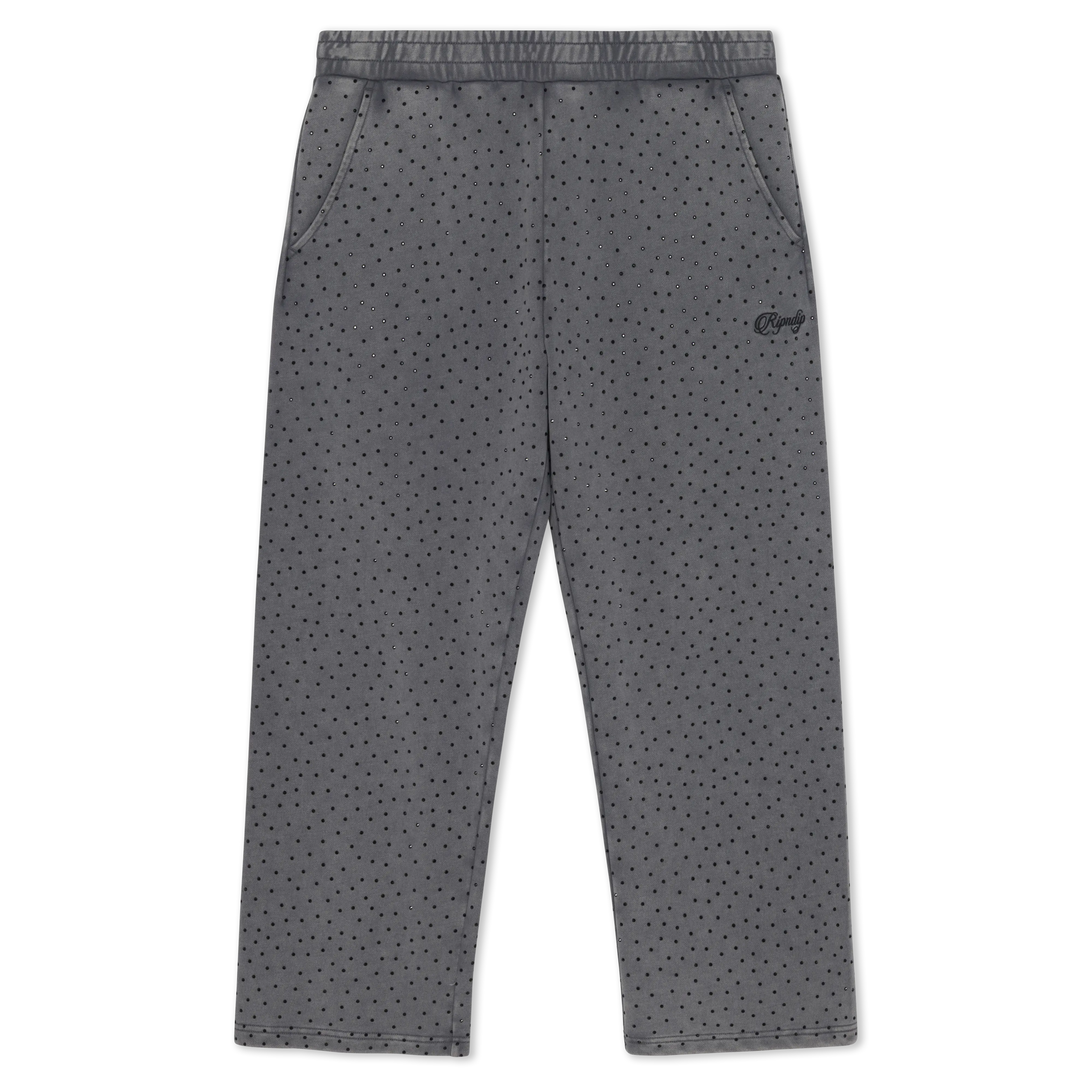 Women's 400 GSM Cotton Casual Straight Leg Pants - Rhinestones Embellishments, Embroidered Leg Logo, 4 Pockets, Drawstring, Charcoal Wash, All Over Print