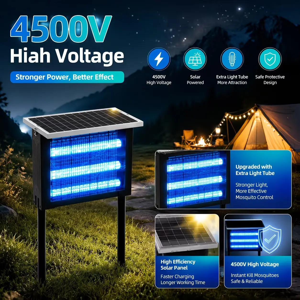 Premium Electronic Mosquito Zapper - UV Mosquito Killer, 3 UV Tubes Full Area Pest Control, Hanging & Freestanding Dual Design, IPX4 Rated Waterproof, Outdoor Use for Cafes, Backyards, Mosquitozapper