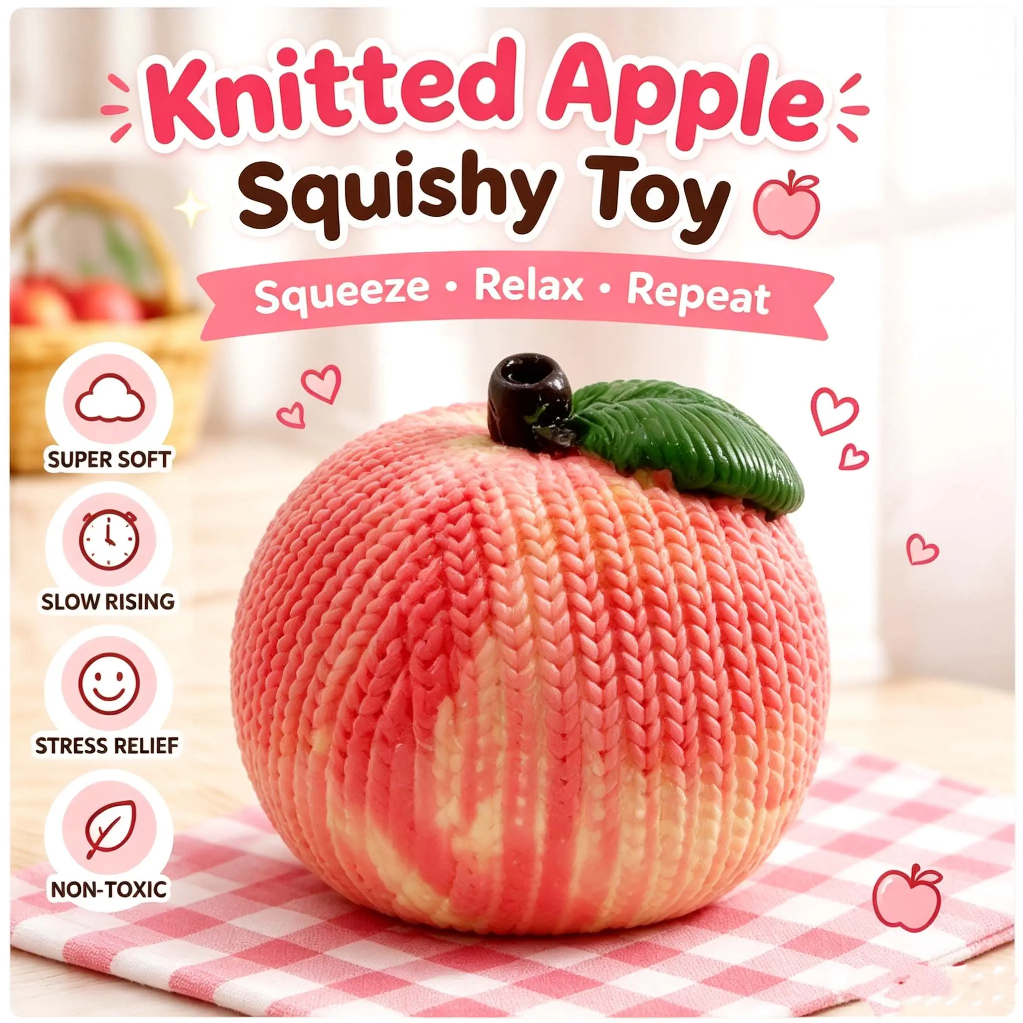 Knitted Apple Squishy Toy, Cute Fruit Stress Relief Squeeze Toy, Soft Slow Rising Sensory Fidget Toy, Kawaii Plush Apple Decor Gift for Kids & Adults