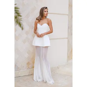 White Strapless Peplum Sheer Flared Skirt Dress