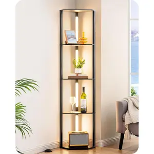 64" Corner Display Shelf with Light, Modern Corner Floor Lamp with Shelves, 3CCT, Stepless Dimmable Standing Lamp for Living Room, Bedroom, Office, Dining Room, 3000K 4000K 5000K, Black