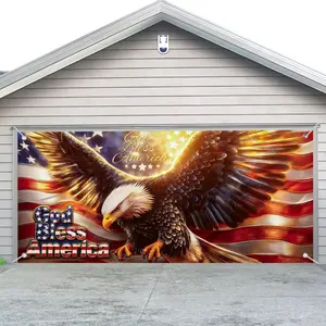 157 x 70 Inch Patriotic Garage Door Cover, Eagle Stars and Stripes Garage Door Banner, Red White Blue Decoration for Outdoor Porch Wall Party Home Decor