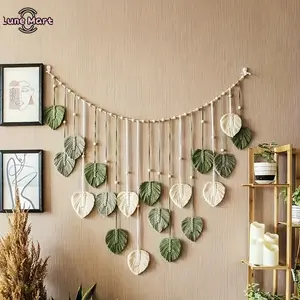 Bohemian Cotton Handwoven Leaf Wall Hanging Tapestry - Layered Beige with Fringe, Green Leaves, Beaded Pendants, Minimalist Horizontal Design, Hangable Decoration for Entryway, Home Decor Gifts