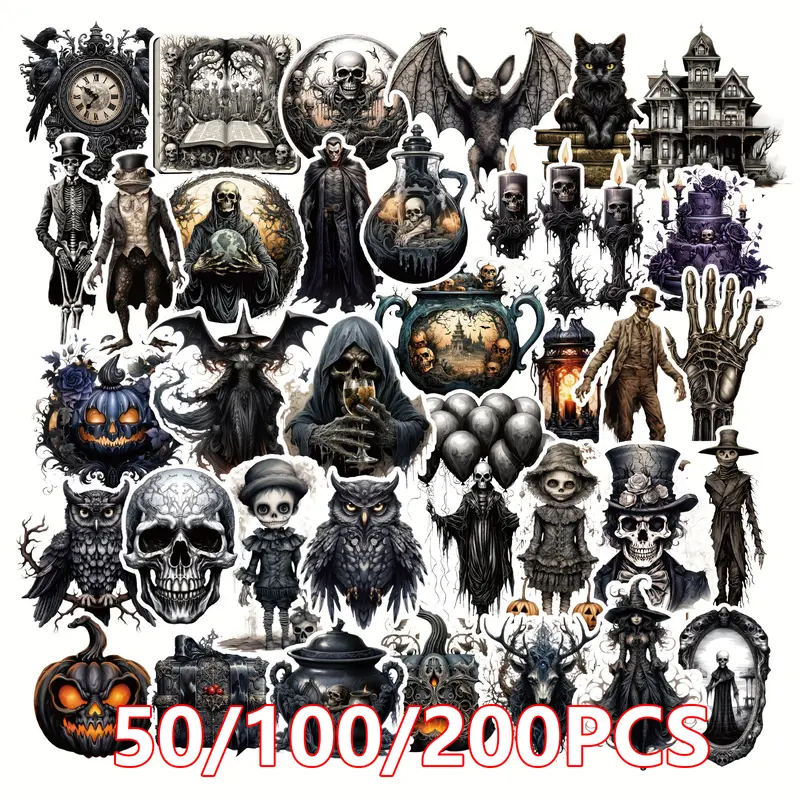 50/100/200PCS Halloween Dark Series Stickers Sticker Set Scene Stickers Gothic Graffiti Decals Junk Journal Skateboard Notebook Phone Laptop Party Decoration