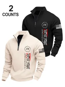 Men's Streetwear Casual Flag Pattern Sweatshirt Half-Zip Pullover, Soft Breathable Winter Essential, All-Day Comfort Fashion