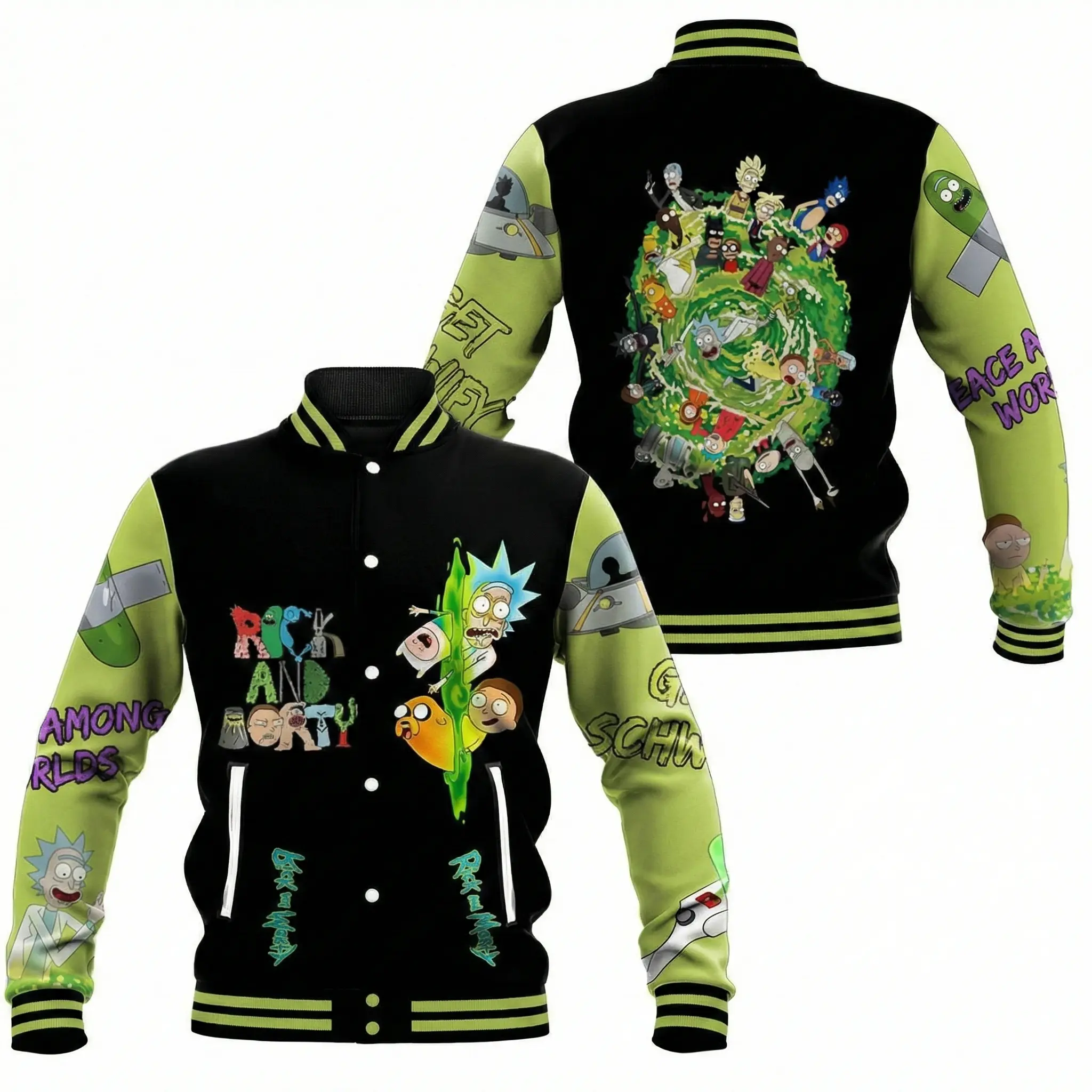 Ricck And Mortty Portal Adventure Baseball Jacket, Sci Fi Cartoon Unisex Outerwear For Fans, Get Schwiftty Print, Cool Gift Idea