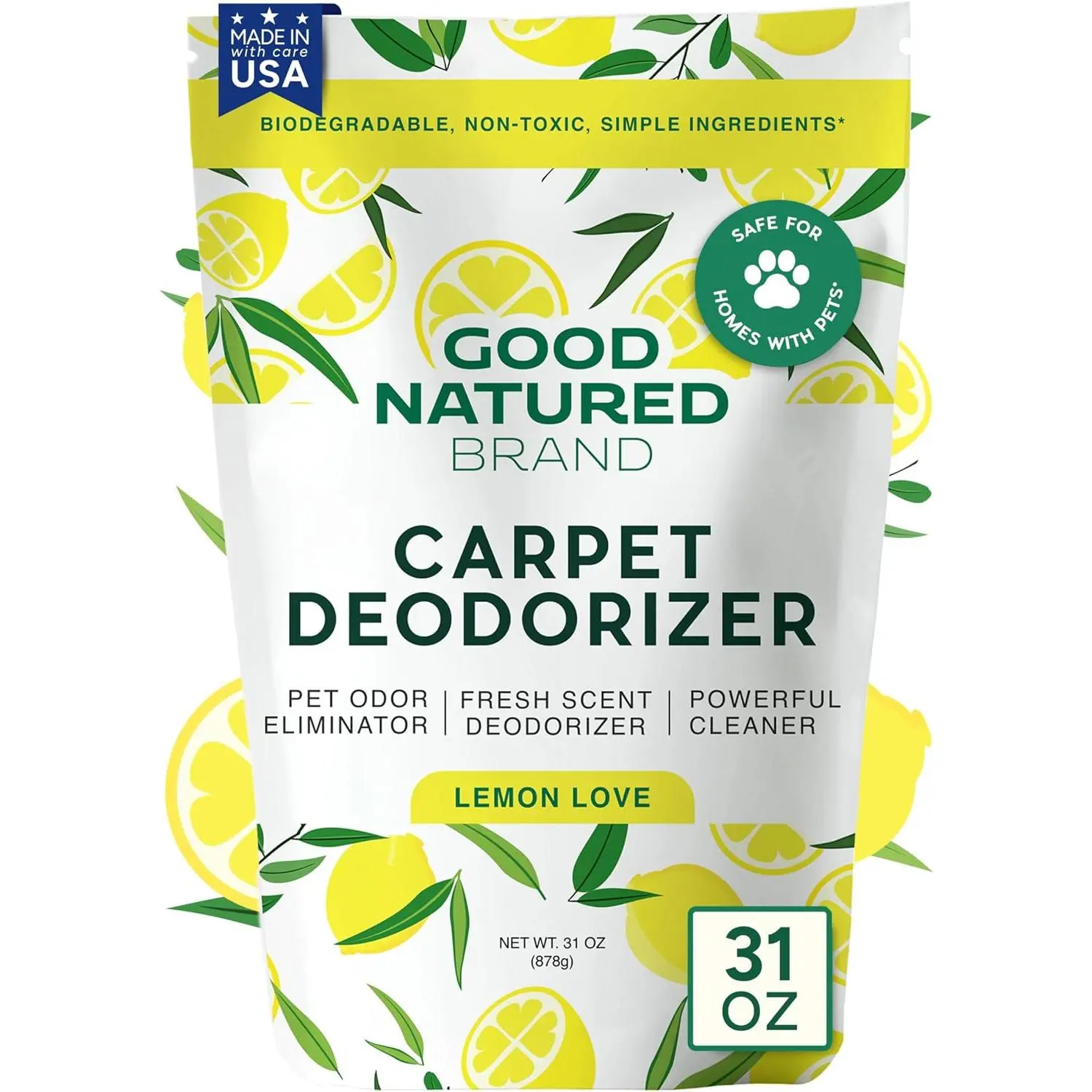 Good Natured Brand | Carpet Deodorizer & Freshener Powder | 31 oz Pet Odor Eliminator for Strong Odor & Pet Urine | Fresh Natural Lemon Scent | Safe for Homes with Pets