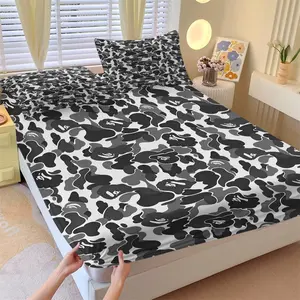 Black-White Camouflage Ape Head Fitted Sheet Set and 2 Coreless Pillowcases, Trendy Street Elements and Ape Head Silhouette, Soft Anti-Slip Wrinkle-Resistant Bedding, Deep Pocket Mattress Protector, Unique Bedroom Decor