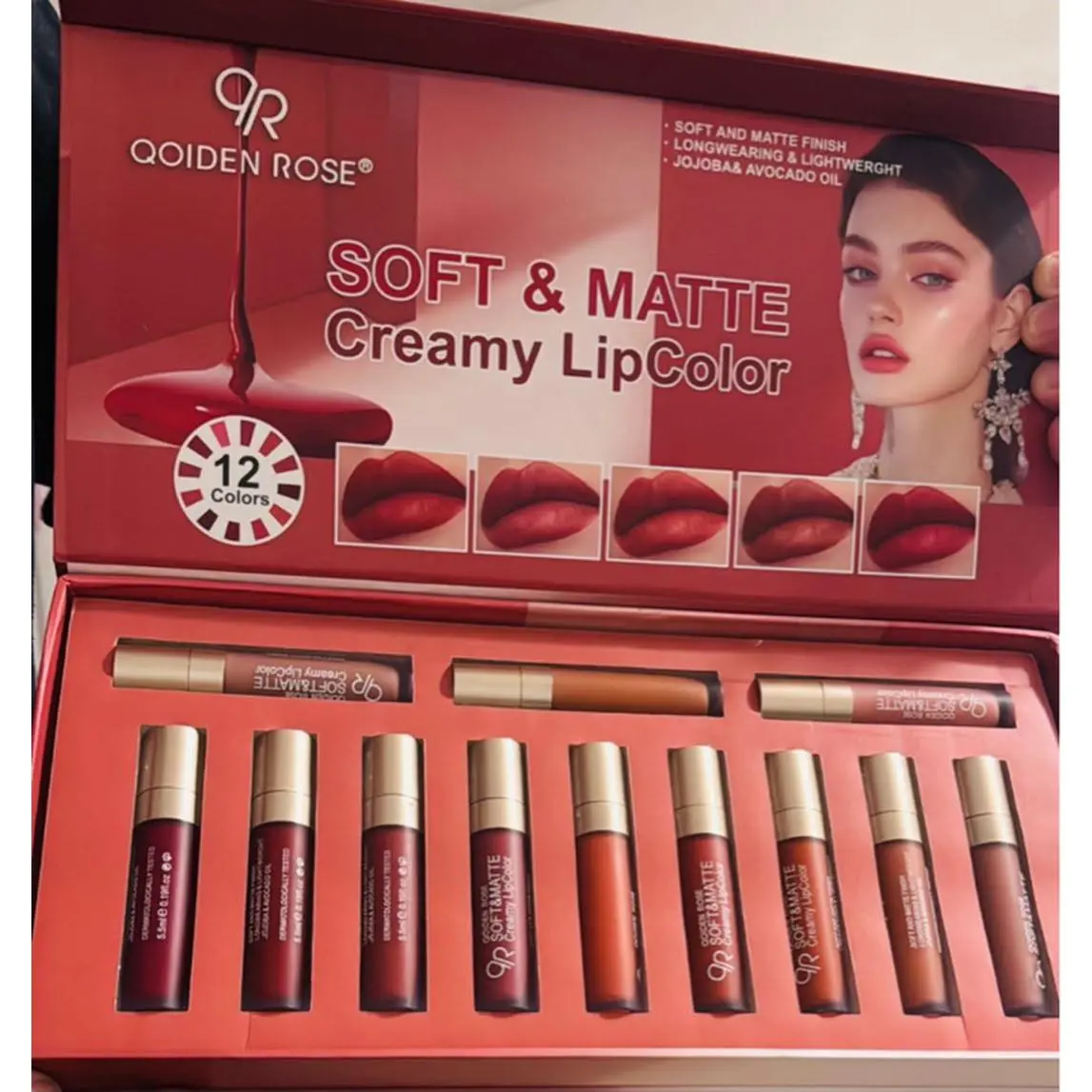 Qoiden Rose Soft & Matte Creamy LipColor Set - 12 Shades - Long Wearing & Lightweight - Jojoba Avocado Oil Formula