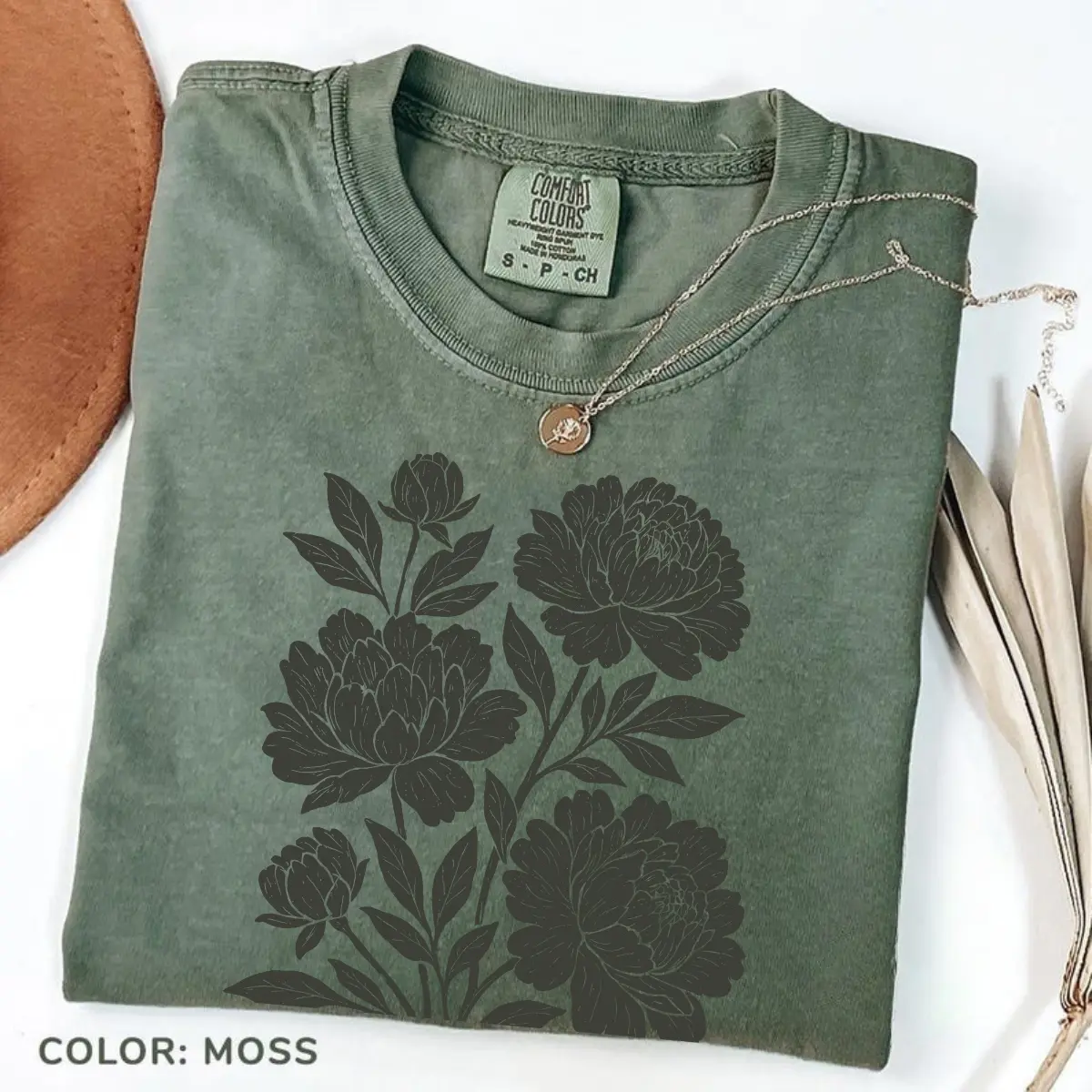 Comfort Colors Vintage Linocut Flower TShirt – Block Print Peonies Tee, Retro Botanical Ranunculus T-Shirt, Boho Cottagecore Top for Women
