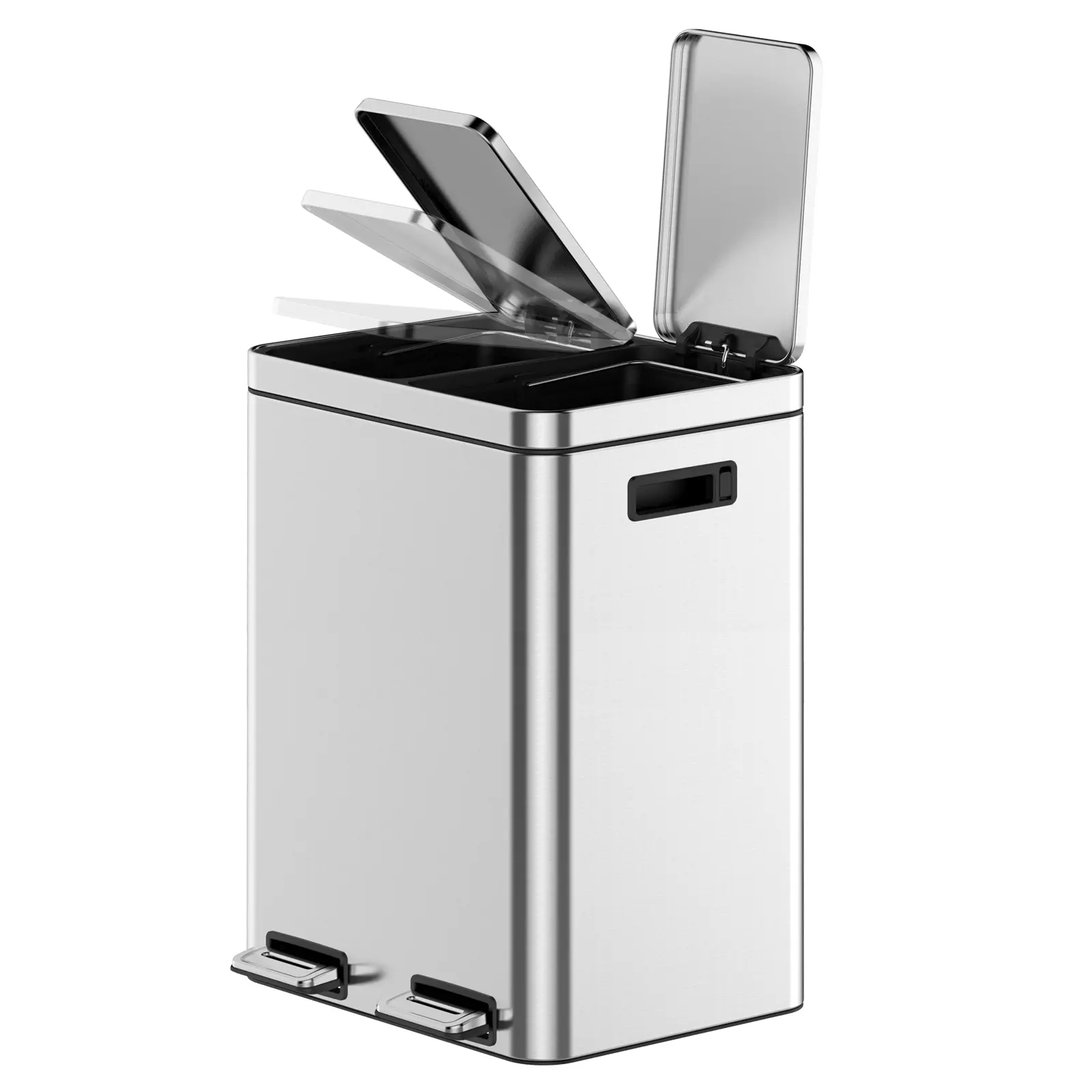 Garvee Upgraded Kitchen Trash Can, 16 Gallon Stainless Steel Recycler, Three Compartment Design, Foot Operated Pedal, Odor-Proof Soft-Close Lid & Detachable Inner Bins, Ideal For Home And Office Use