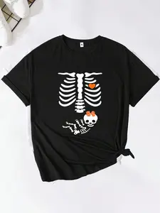 [Playful Pregnancy T-shirt] Playful Pregnancy Clothing - Women's Pregnant Skull Halloween Pattern T-shirt Black Casual Short Sleeve Round Neck Top with Pregnant Skull Print, Perfect for Spring and Summer
