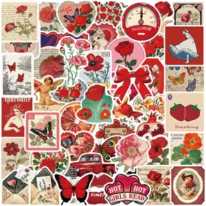 100 Pcs Vintage Aesthetic Stickers Pack, 2 Theme Sets (Romantic Red & Retro Japanese Style), Waterproof Vinyl Decals for Scrapbooking, Journaling, Laptop, Phone Case, and DIY Art Crafts