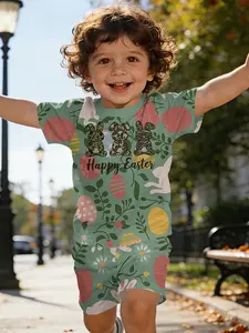 Happy Easter Vintage Texture Rabbit Print T-Shirt Set, Baby Casual Clothing, Perfect Gift for Infants, Daily & Outdoor Sport Wear
