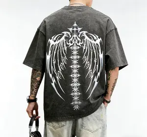 Men's Cyber Wing Graphic T-Shirt – Washed Vintage Distressed Style, Retro Streetwear Oversized Tee