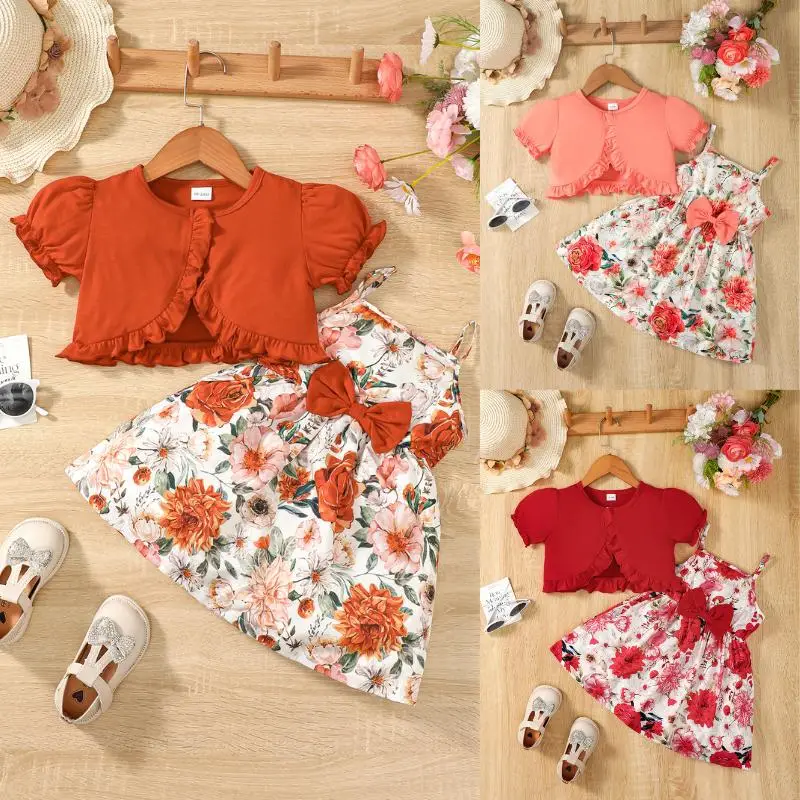6m-6y Baby Girls Clothes Floral Print Straps Dress Short Crop Coat 2Pcs Set Cute Girls Clothes Set Toddler Girls Floral Dress 312303024