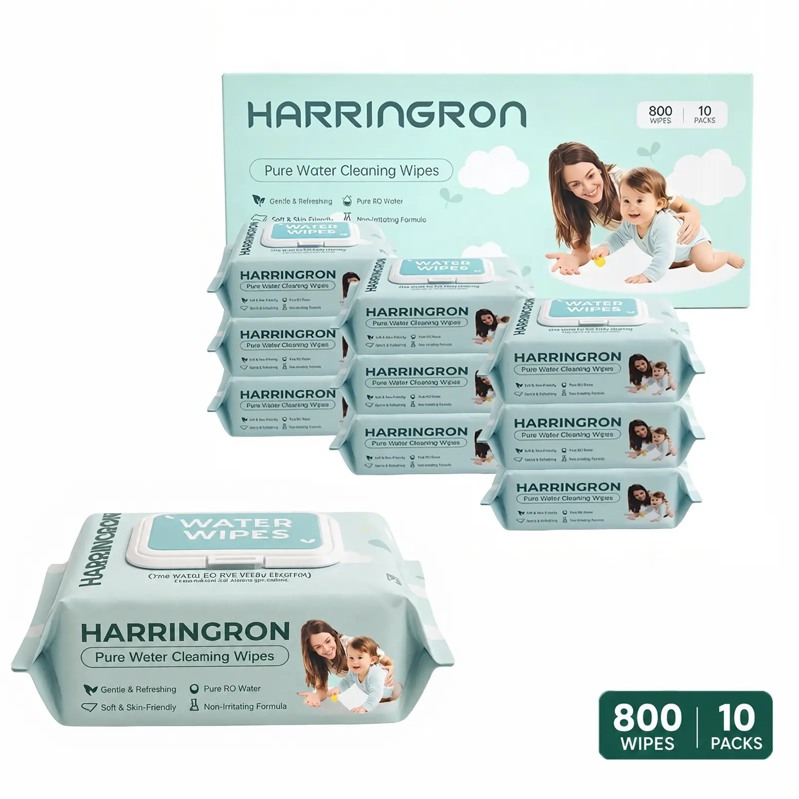 HARRINGRON Ultra-Soft Oversized Purified Water Baby Wipes (140x190mm, 800-Count Box), Flip-Lid, Newborn-Safe Cleanser, Unscented Hypoallergenic, Thick Durable, No Additives, Home & Travel Use, Free of Alcohol, Dye, Formaldehyde, Alcohol-Free