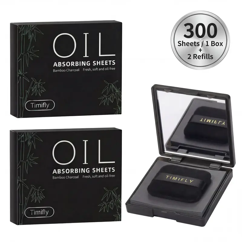 3-Pack Facial Oil Blotting Sheets Set, 1 Compact Case + 2 Refills, Bamboo Charcoal Oil Absorbing Sheets with Mirror, Portable Face Blotting Paper for Oily Skin, Matte Touch-Up for Makeup, Travel & Daily Use