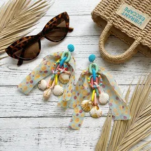 Boho Beach Shell Drop Earrings, Handmade Colorful Beaded Ribbon Dangle Earrings for Women, Vacation Seashell Statement Jewelry, Cute Summer Holiday Party Accessory, Unique Gift for Her dad to daughter necklace gift day collar Black Heart Tassel Long