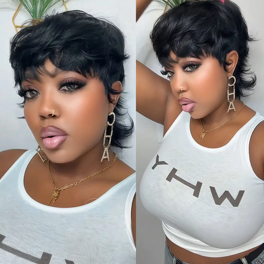 ShowRealHair Mullet Pixie Cut Human Hair Wig for Women Shaggy Wolf Cut Pixie Cut Style with Bangs Short Layered Pixie Wigs Glueless Full Machine Made Wig#SummerVibes