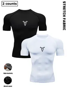 2 Pack Bull Head Graphic Workout T-Shirts, Men's High Elastic Breathable Training Tops for Gym, Running, Boxing, Athletic Fitness, Streetwear, Athletic Fashion Activewear, Quick-Dry Activewear, Quick Drying Top, Sporty T Shirt