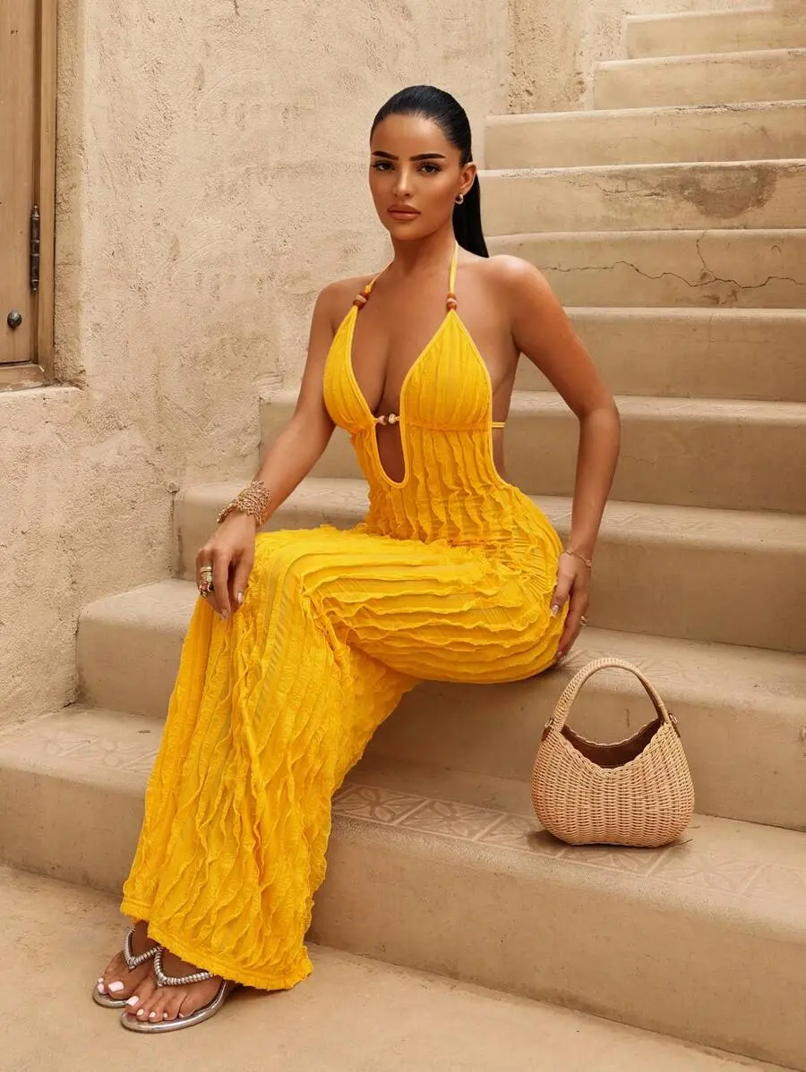 Women's Yellow Deep V Neck Fringe Maxi Dress | Beaded Detail Sexy Summer Beach Vacation Dress | Elegant Resort Party Outfit