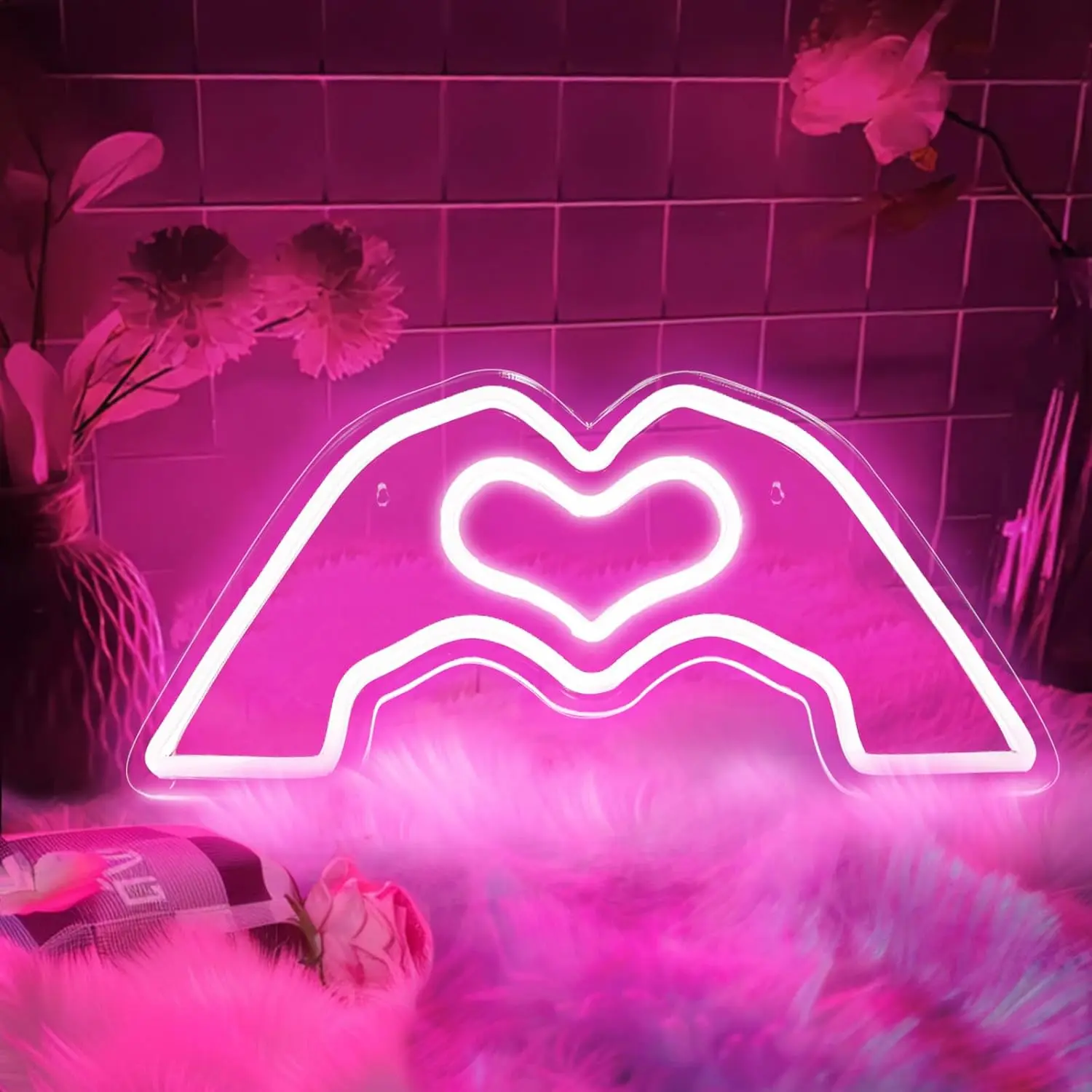 Heart Hands Neon Sign, Pink Neon Signs Lights Led Love Finger Neons Sign Wall Art Music Singer Fans Merch Decor Gifts with Dimmable USB Charge for Bedroom Game Room Bar Party, Birthday, Christmas