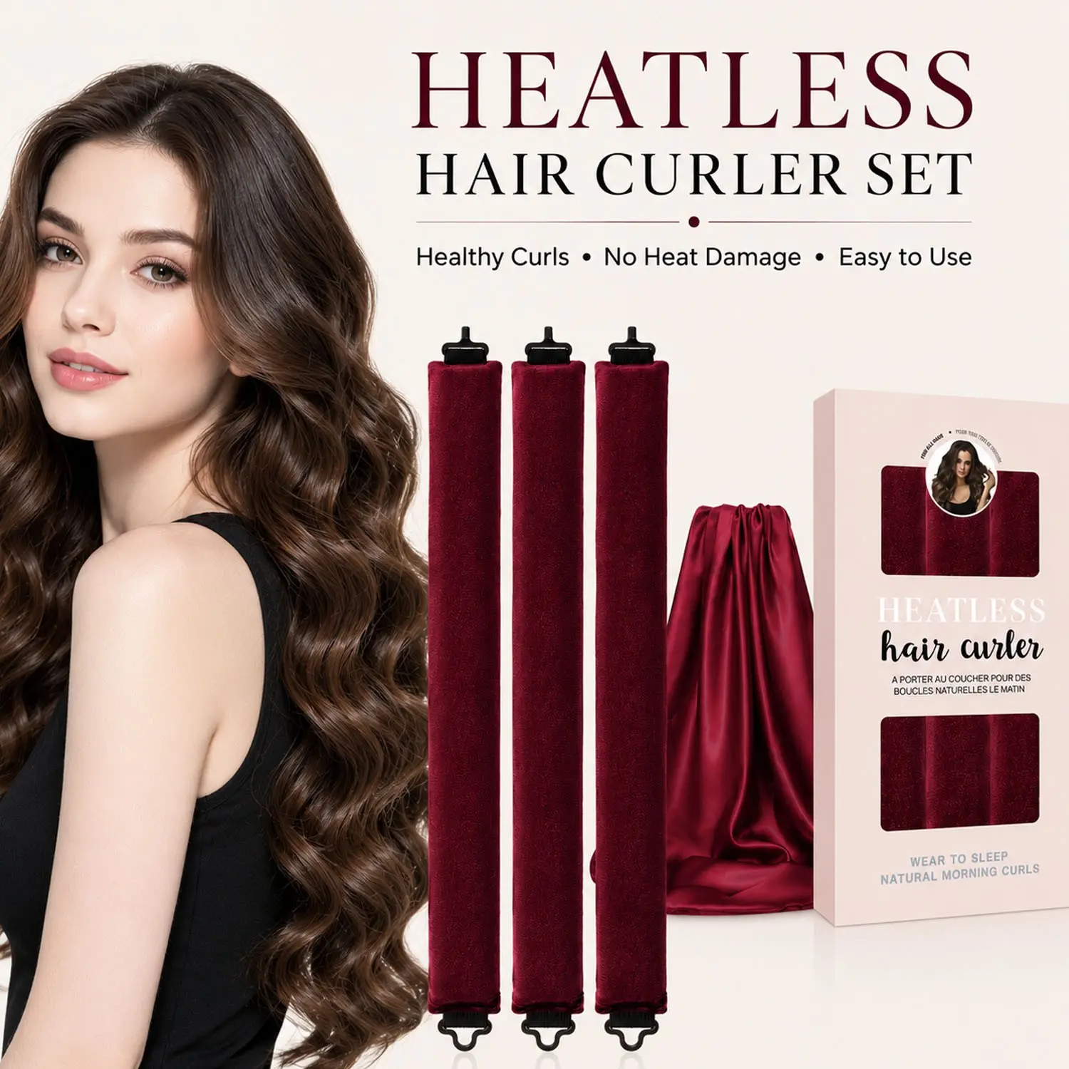 4PCS Heatless Hair Curler Set, No Heat Velvet Curling Rods with Satin Silk Scarf for Overnight Natural Waves & Bouncy Curls, Heat Free Curls, Soft Sleep-In Hair Styling Kit for Long, Medium & Thick Hair, Heatless Curlers