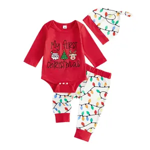 My First Christmas Baby Boy Outfit Embroidery Bodysuit Long Sleeve Romper String Lights Jogger Pants Hat Cute 3Pcs Newborn Coming Home Xmas Photo Clothes