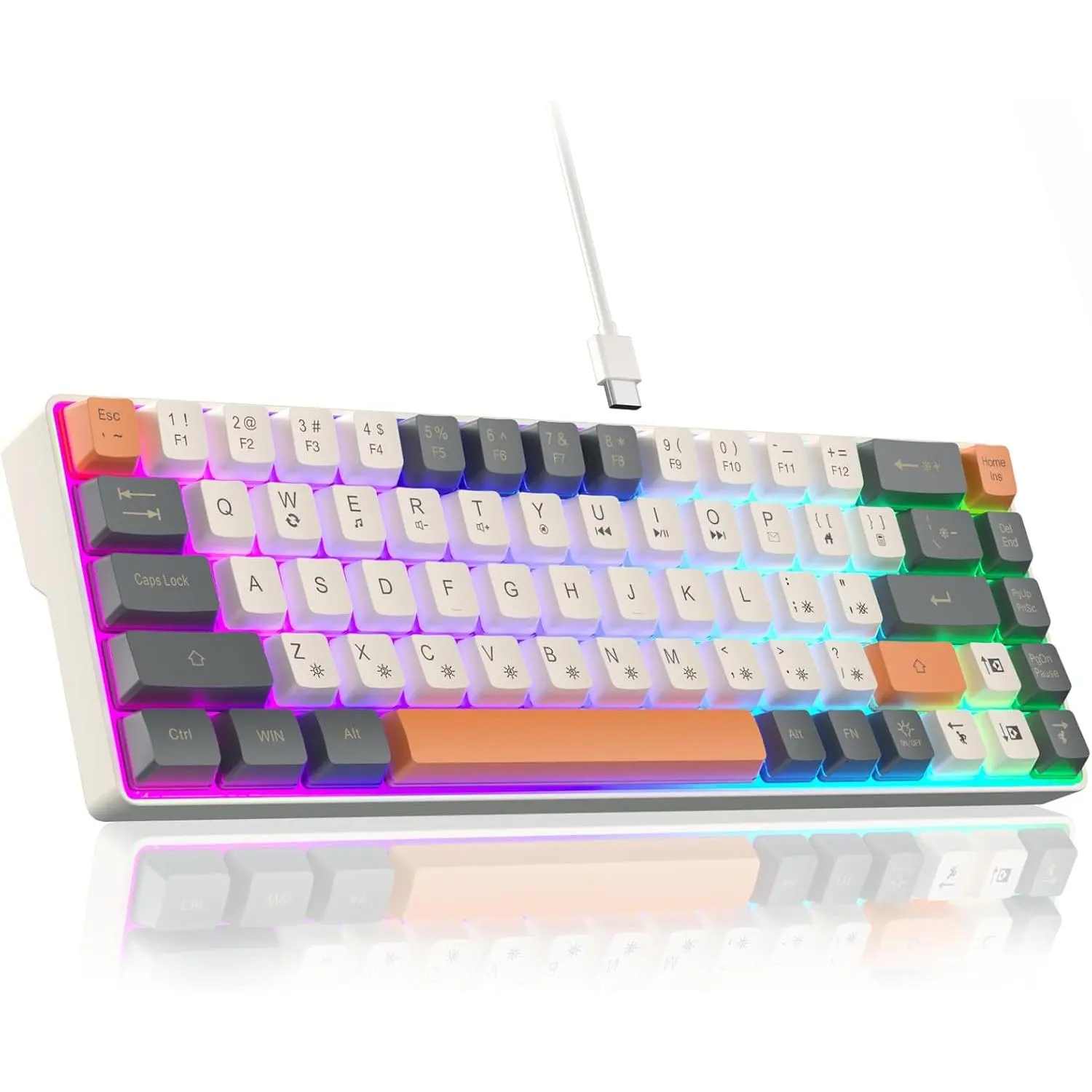 60 Percent Keyboard,RGB Backlit Gaming Keyboard USB-C Wired,Portable 68  Compact Mini Keyboard for Business Trips,Office,PC  (SK968,Grey&Orange)
