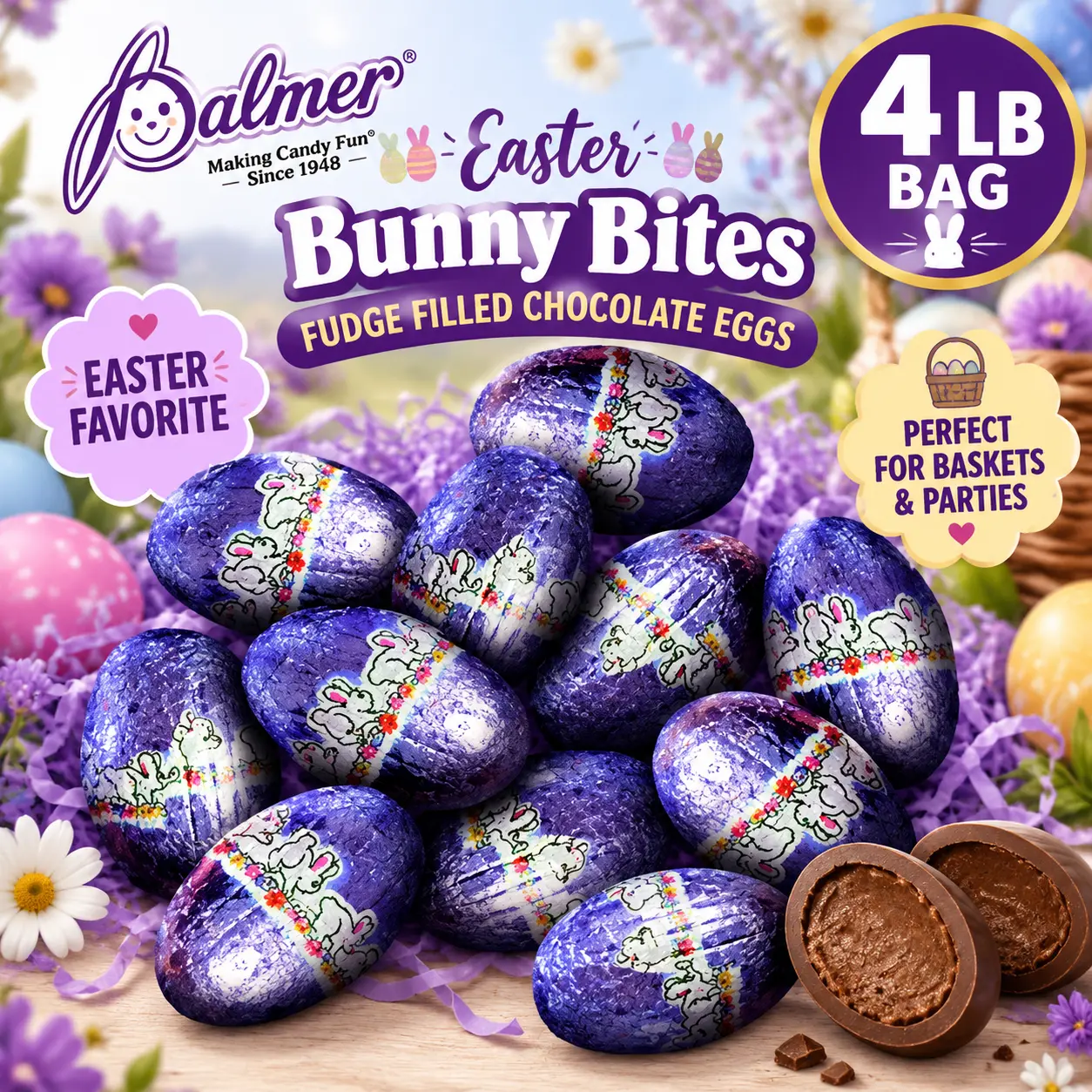 Palmer Easter Bunny Bites Fudge Chocolate Candy Eggs 4 lb Bulk Bag Holiday Chocolate Treats