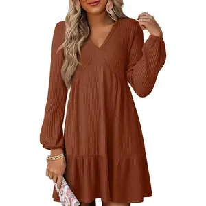 Women’s Fall Dresses 2025 – Long Sleeve V-Neck Lightweight Ribbed Knit Empire Waist Casual A-Line Swing Mini Dress