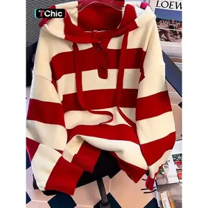 New Autumn–Winter hooded knit sweater with color-block stripes; casual, soft, comfortable, elegant women’s pullover