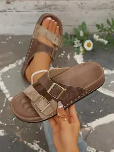 Women's Double Buckle Slide Sandals, Vintage Suede Open Toe Flats, Adjustable Strap Summer Beach Slides, Comfortable Non-Slip Footwear, Elegant Sandals, Flat Sandal Shoes