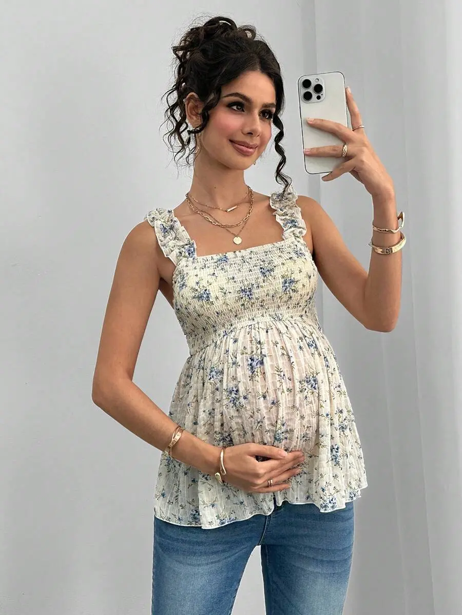 NANCY Maternity Frill Trim Wide Strap Front & Back Gathered A-Line Sleeveless Camisole