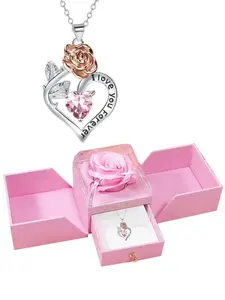 Pink rose flower jewelry gift box, with a pink birthstone rose necklace, suitable for women, heart-shaped rose birthday necklace, Love Heart Necklace, perfect gift for women on anniversaries, birthdays, Mother's Day, and Valentine's Days